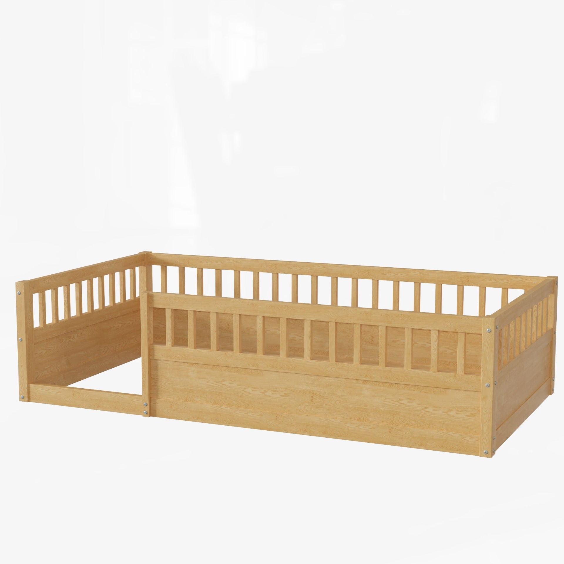 Twin Floor Bed Frame with Fence, Wood Kids Floor Beds Frame for Bedroom Playroom,Natural