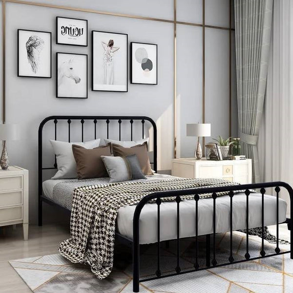 Full size Classic Black Metal Bed Frame with Slatted Headboard and Footboard