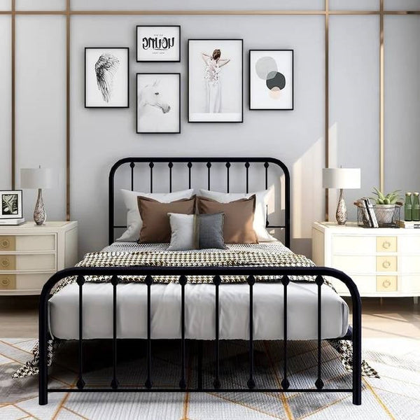 Full size Classic Black Metal Bed Frame with Slatted Headboard and Footboard