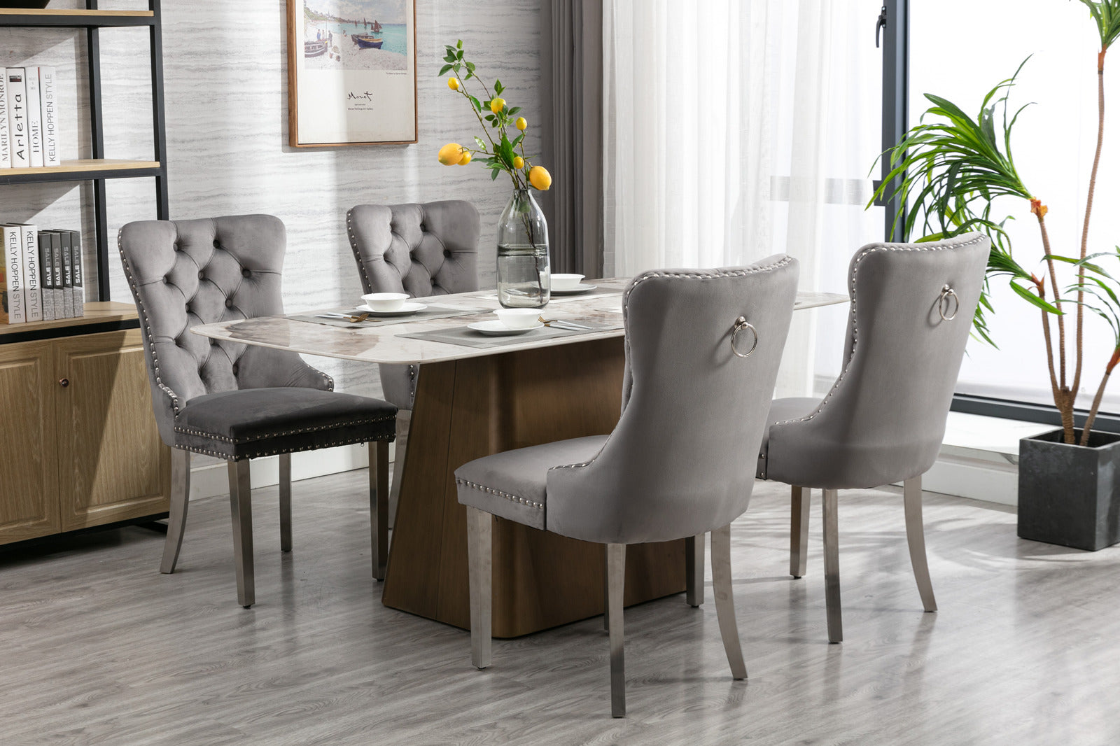 High end tufted solid wood velvet soft cushion dining chair chrome plated leg nail decoration gray and chrome two-piece set