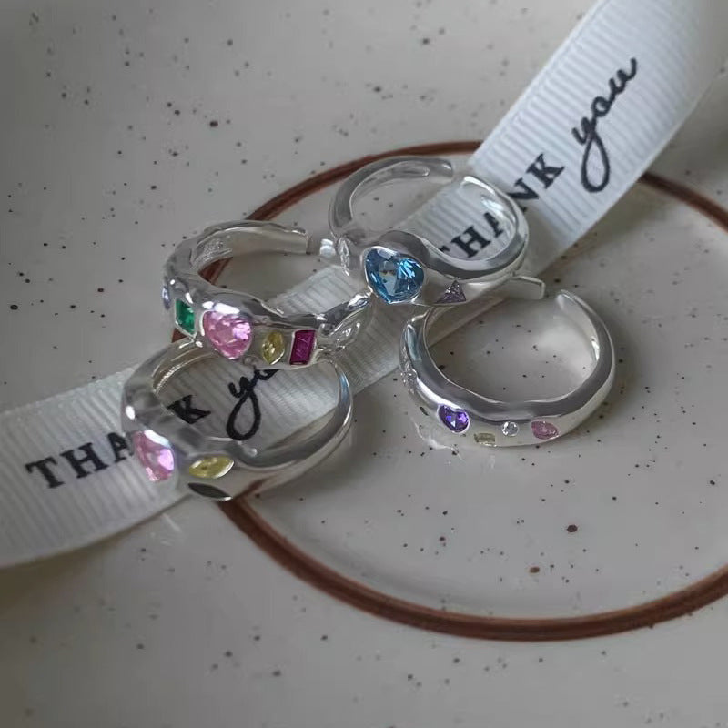 Dopamine love colored zircon diamond ring female niche index finger high-end fashion personality open ring