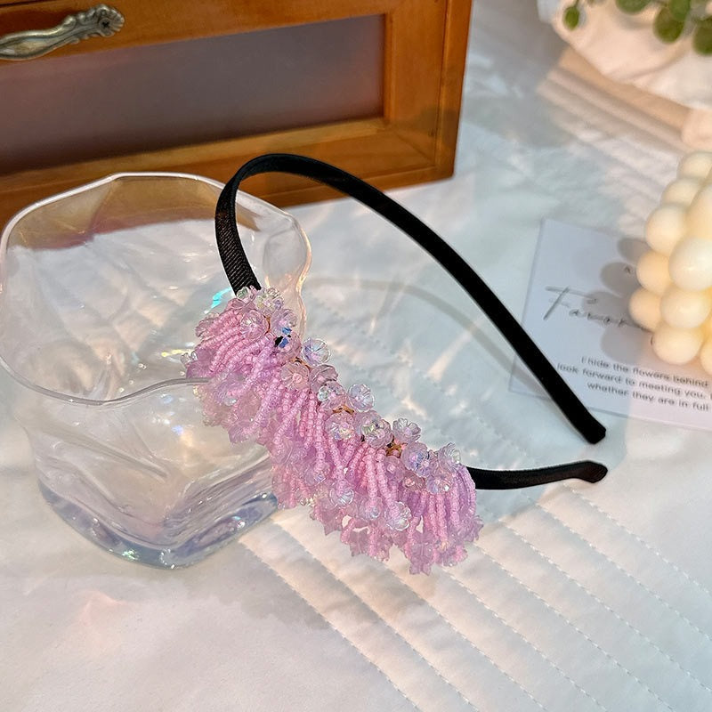 Handmade rice bead tassel flower side hair hoop for women