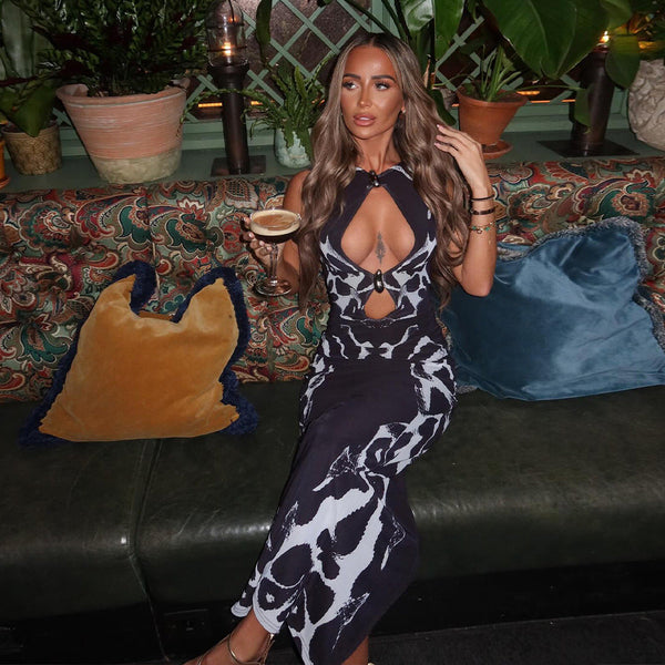 Summer Printed Leopard Pattern Hollow-out Sleeveless Waist-cinched Sexy Dress