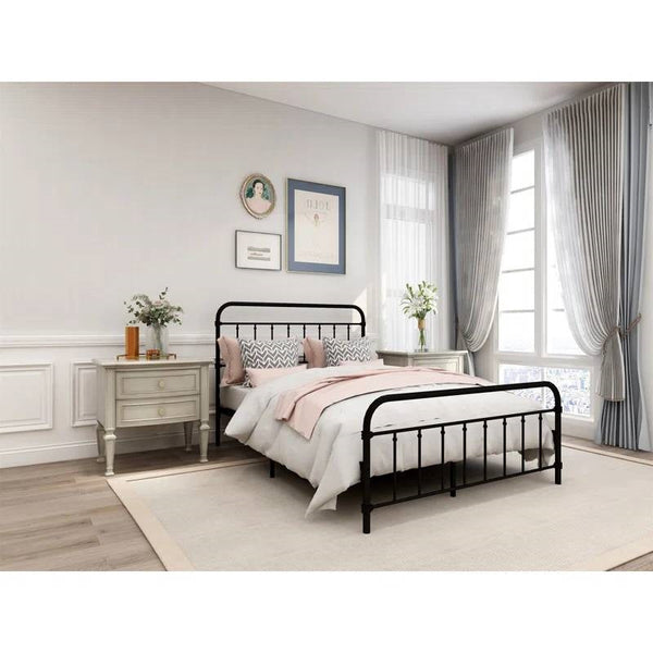 Full size Farmhouse Black Metal Bed Frame with Rounded Headboard Footboard