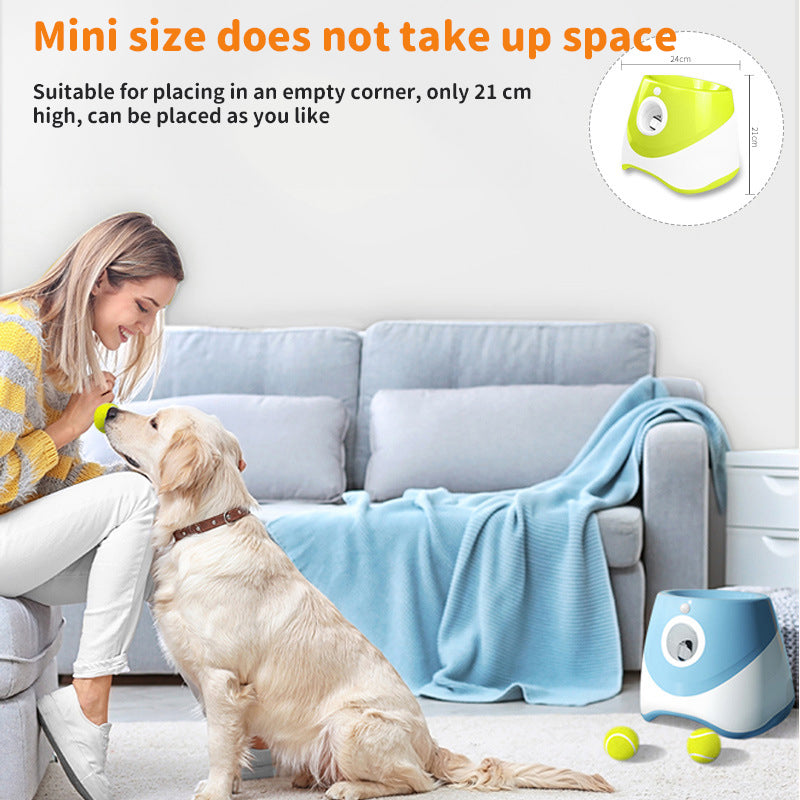 Rechargeable automatic tennis ball launcher for pets. Includes 3 balls, promotes interactive play.