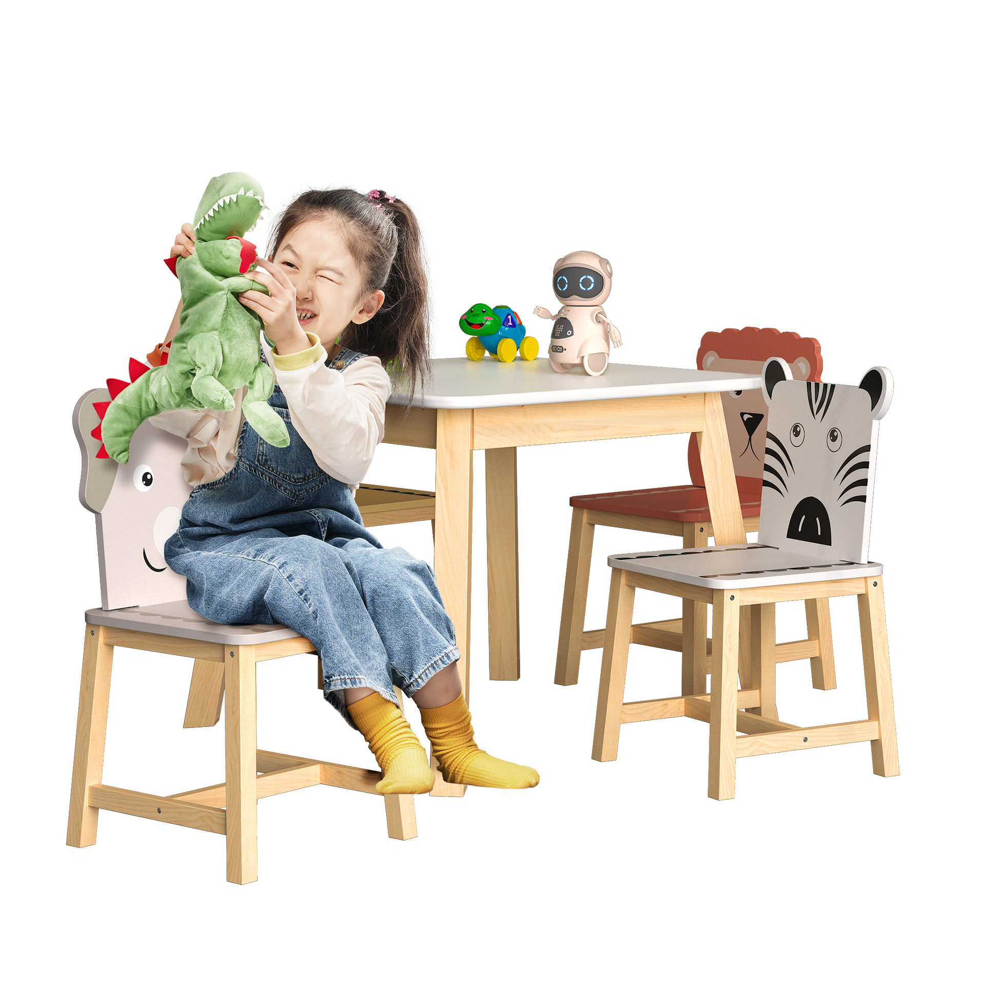 5 Piece Kiddy Table and Chair Set  Kids Wood Table with 4 Chairs Set Cartoon Animals (bigger table) (3-8 years old)