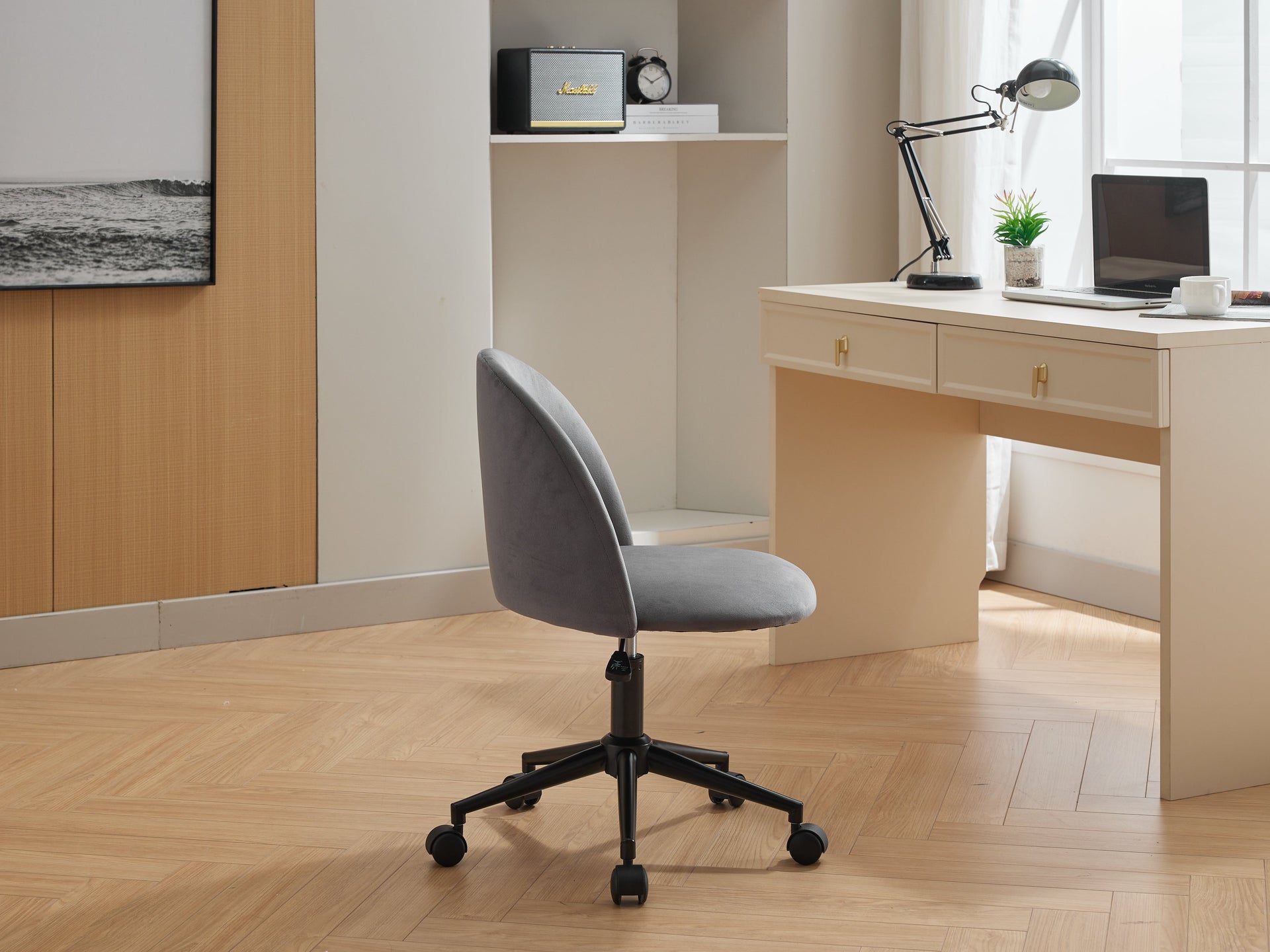Velvet fabric office chair, mid back adjustable rotating computer chair, black legs, cushioned office chair with wheels