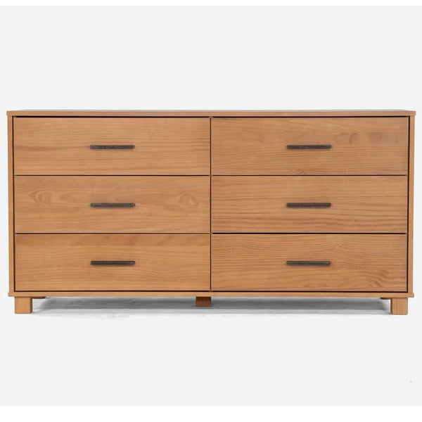 Modern Farmhouse Solid Wood 6 Drawer Double Dresser in Light Brown Finish