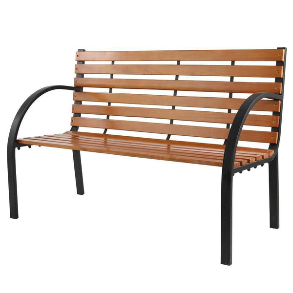 Black Metal Frame Outdoor Wood Slat Garden Bench with Curved Armrests