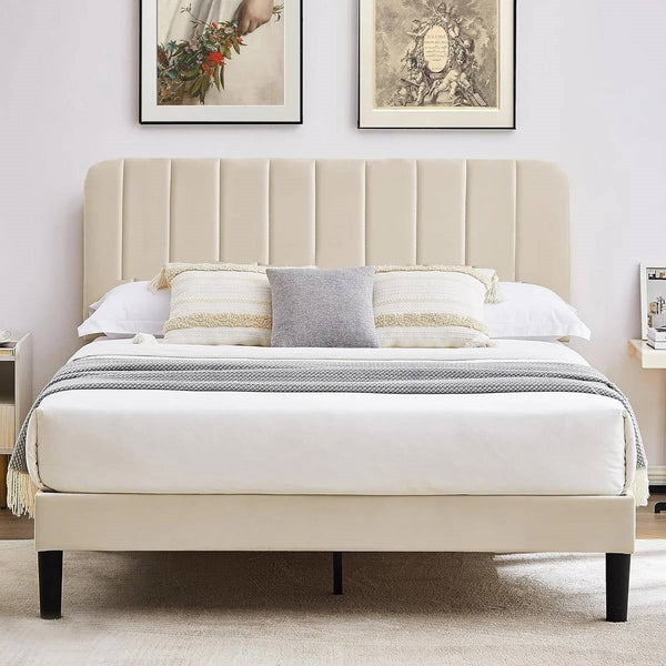 Full size Beige Upholstered Platform Bed Frame with Headboard