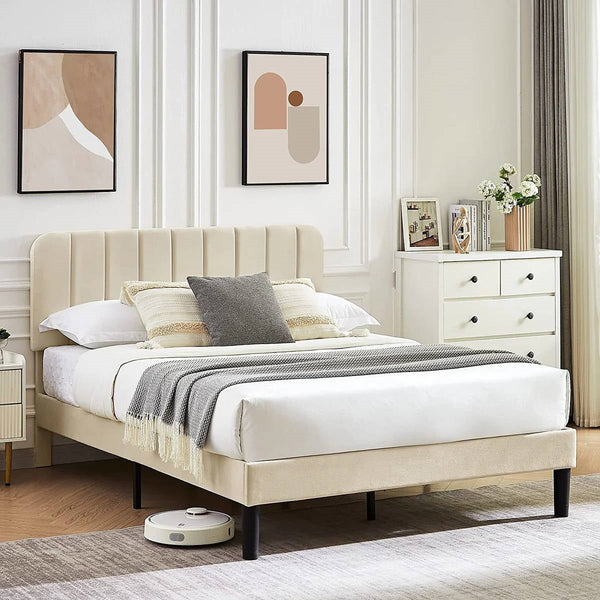 Full size Beige Upholstered Platform Bed Frame with Headboard