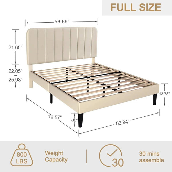 Full size Beige Upholstered Platform Bed Frame with Headboard
