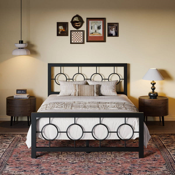 Full Black Metal Platform Bed Frame with Circle Medallion Headboard Footboard