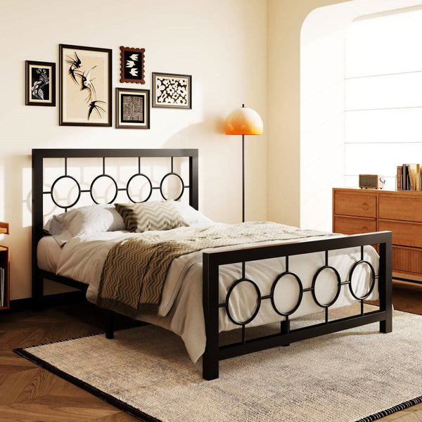 Full Black Metal Platform Bed Frame with Circle Medallion Headboard Footboard