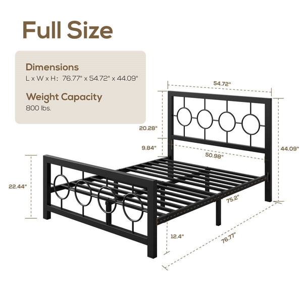 Full Black Metal Platform Bed Frame with Circle Medallion Headboard Footboard