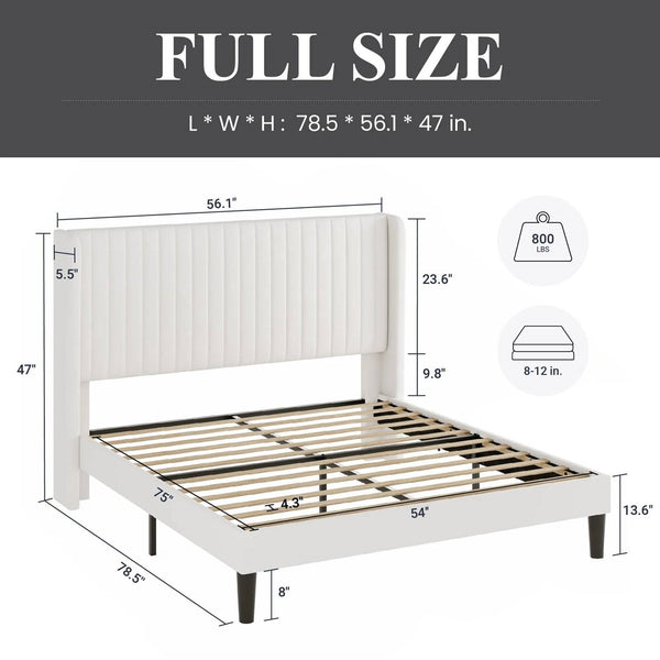 Full size White Velvet Upholstered Platform Bed Frame with Wingback Headboard