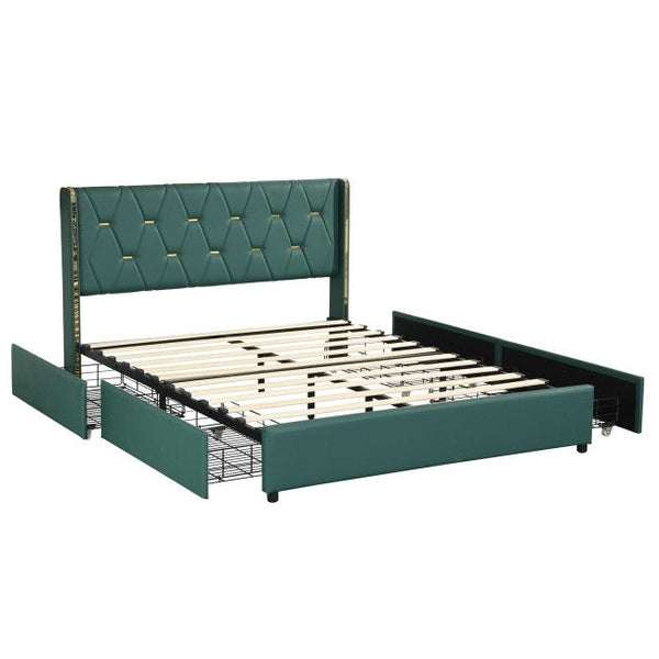 Full Size Green/Gold Linen Headboard 4 Drawer Storage Platform Bed