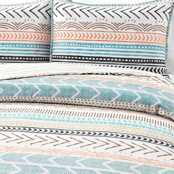 King Scandinavian Chevron Teal White Orange Brown Reversible Cotton Quilt Set