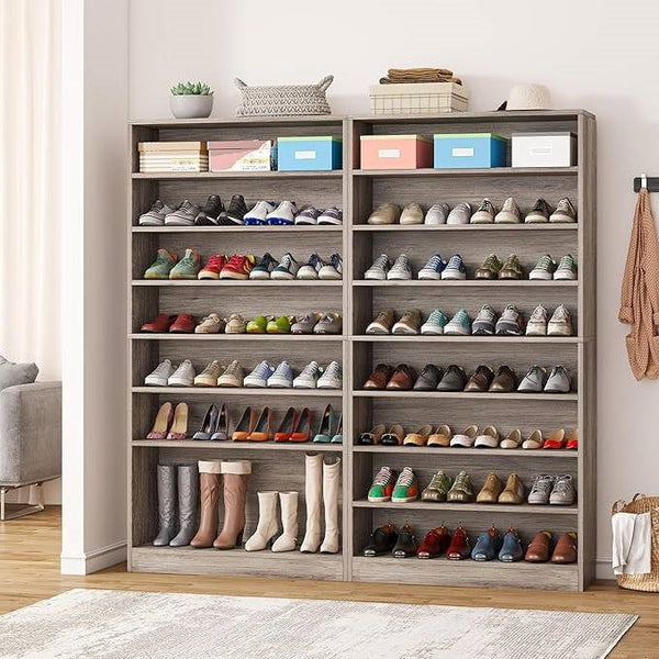 8-Shelf Shoe Rack Storage Cabinet in Grey Wood Finish - Holds Up To 45 Pairs