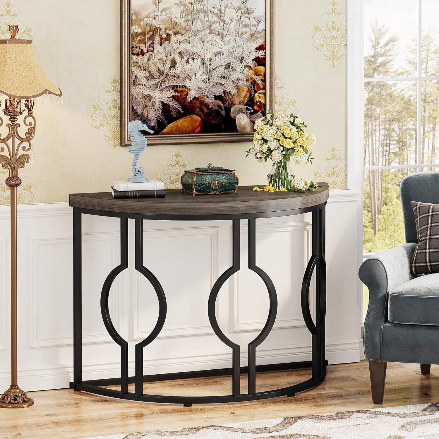Modern 43-inch Half Moon Accent Sofa Table with Grey Wood Top Black Frame