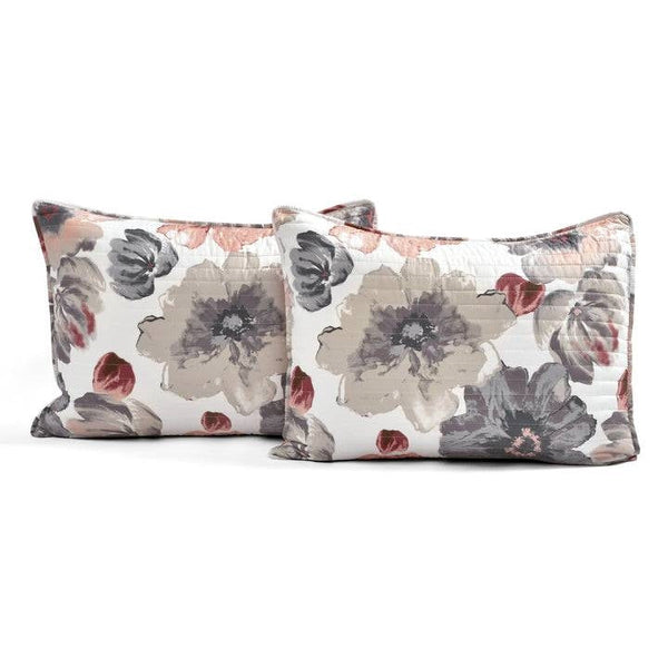 King size Coral Grey Flowers Lightweight Polyester Microfiber Quilt Set