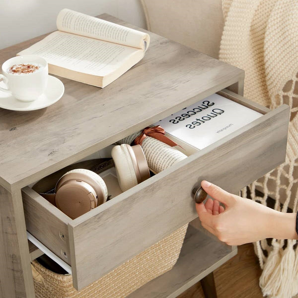 Mid-Century Modern 1-Drawer Nightstand Bedroom End Table in Grey Wood Finish