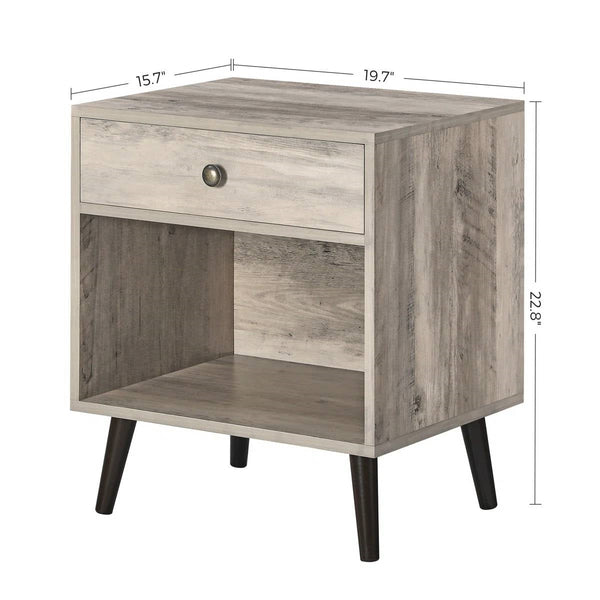 Mid-Century Modern 1-Drawer Nightstand Bedroom End Table in Grey Wood Finish