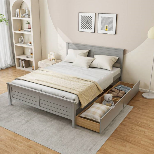 Full Size Grey Platform Bed Frame with 2 Storage Drawers