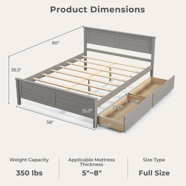 Full Size Grey Platform Bed Frame with 2 Storage Drawers