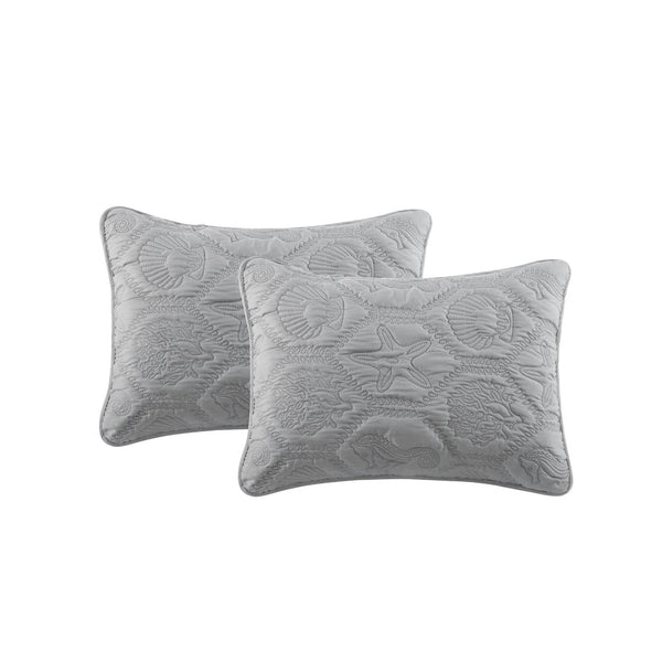 King Coastal Beach Embossed Starfish Seashell Seahorse Grey 3-Piece Quilt Set