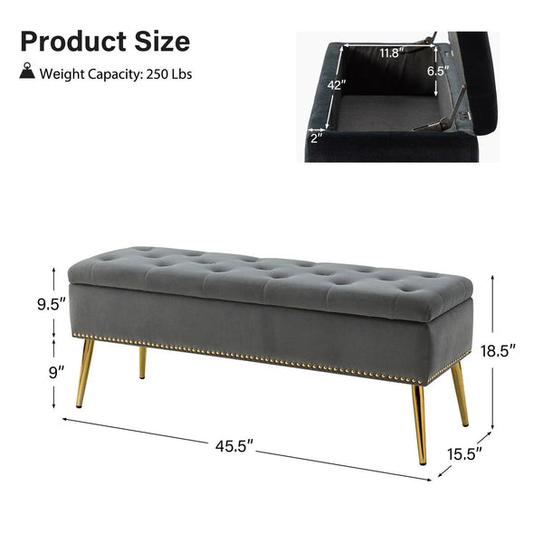 Mid-Century Modern End of Bed Storage Bench with Gray Velvet Seat and Gold Legs