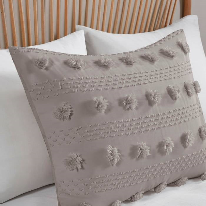 Full/Queen 3-Piece Grey Microfiber Comforter Set with Decorative Pompoms