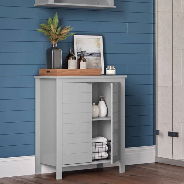 Bathroom Linen Cabinet with Storage Shelf in Grey Wood Finish