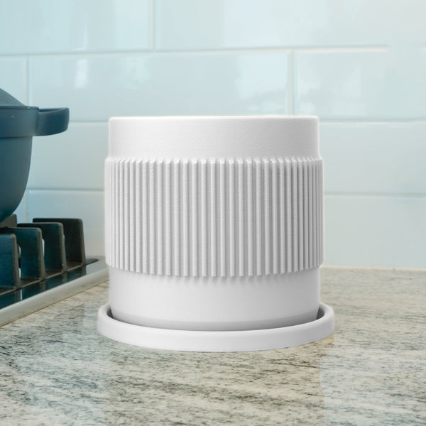 Half Mid-Century Ribbed Planter with Drainage and Saucer