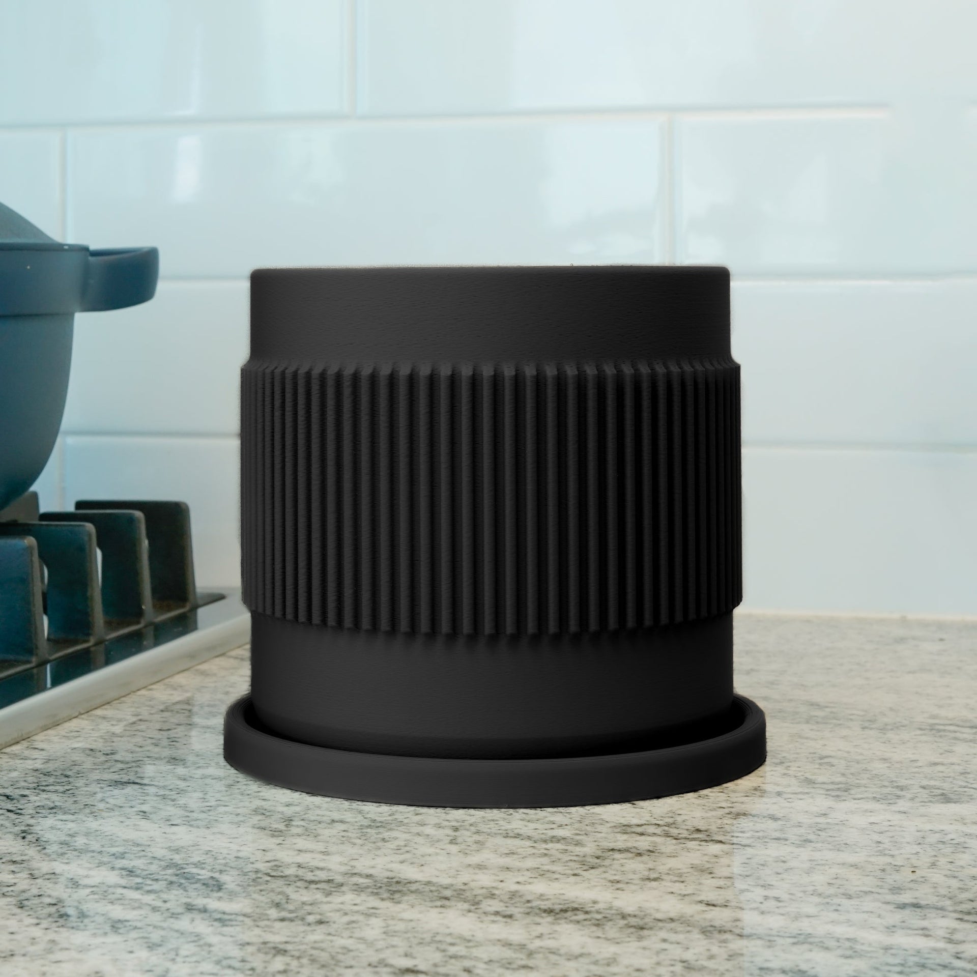 Half Mid-Century Ribbed Planter with Drainage and Saucer