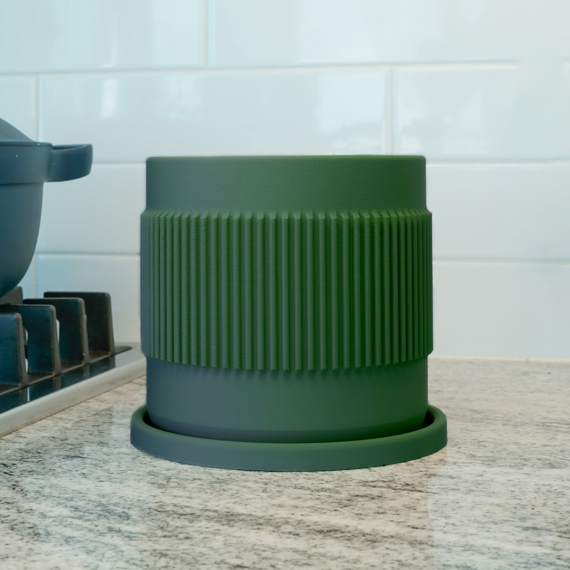 Half Mid-Century Ribbed Planter with Drainage and Saucer