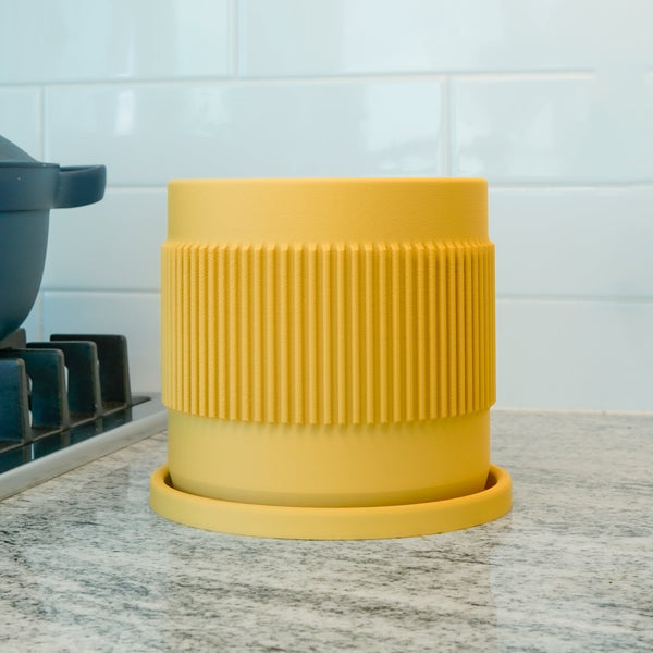 Half Mid-Century Ribbed Planter with Drainage and Saucer