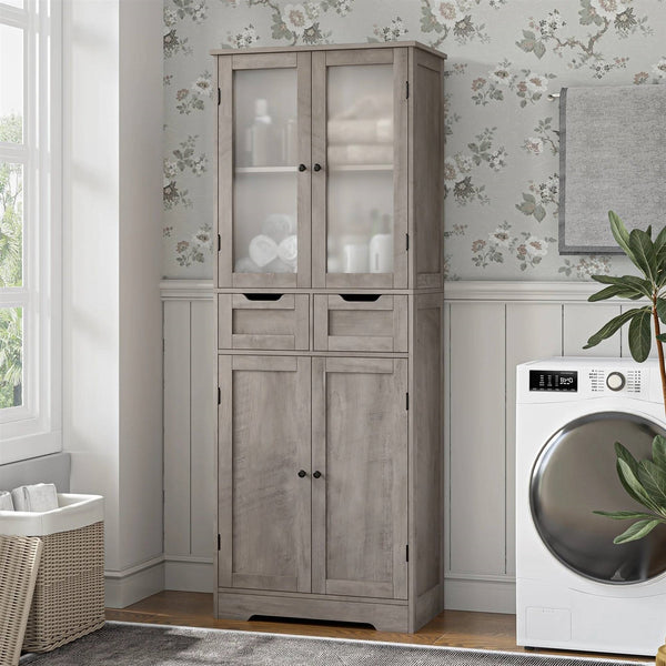 Farmhouse Bathroom Linen Cabinet with Storage Drawers in Grey Taupe Wood Finish