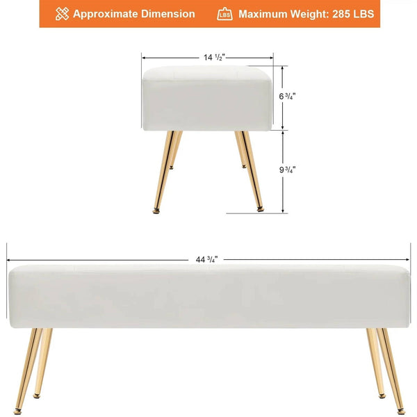 Modern Bed Bench Ottoman with White Ivory PU Leather Seat and Gold Metal Legs