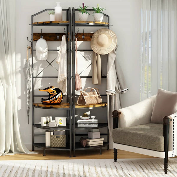 Industrial Metal/Wood Corner Hall Tree Shoe Storage Bench Coat Rack