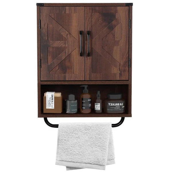 Farmhouse Bathroom Wall Cabinet with Towel Bar in Brown Wood Finish