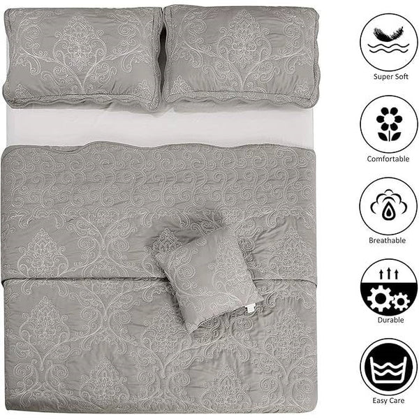 King size Ash Grey Damask Embroidered 4 Piece Oversized Bedspread Set