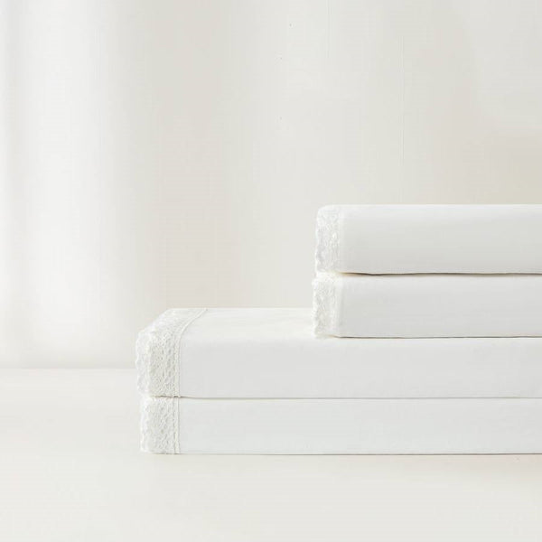 King Size 4 Piece 100-Percent Cotton Sheet Set in White with Lace Trim