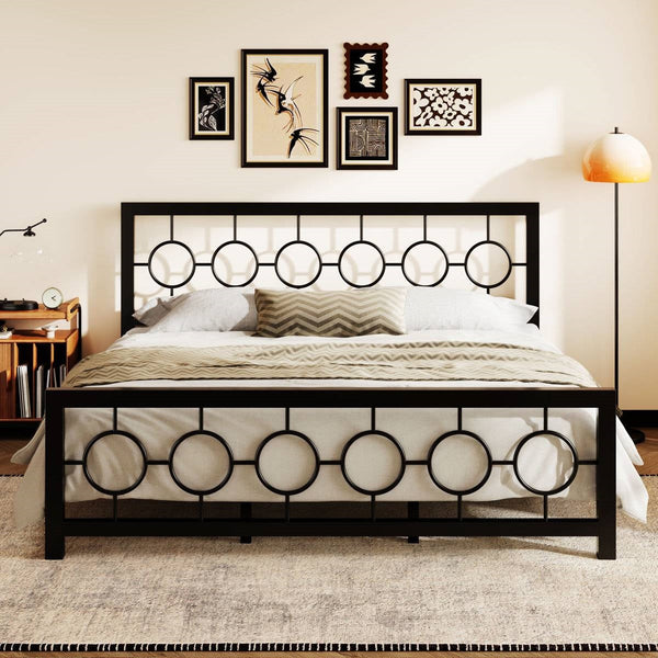King Black Metal Platform Bed Frame with Circle Medallion Headboard Footboard