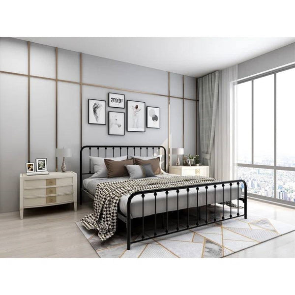 King Black Metal Platform Bed Frame with Rounded Corners Headboard Footboard