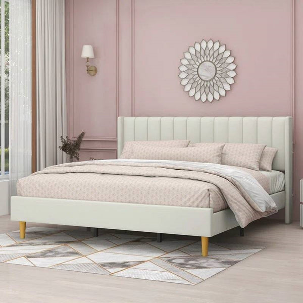 King Mid-Century Platform Bed Frame with Cream Velvet Upholstered Headboard