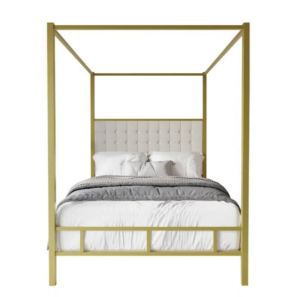 King size Gold Metal Canopy Bed with Upholstered Button-Tufted Headboard