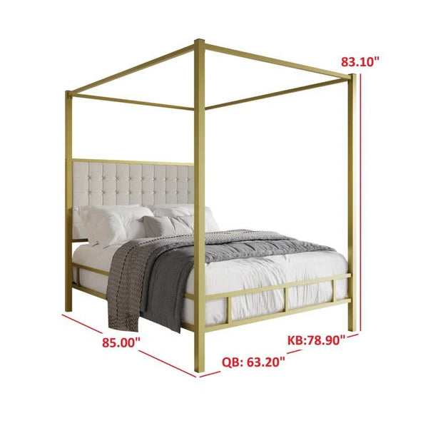 King size Gold Metal Canopy Bed with Upholstered Button-Tufted Headboard