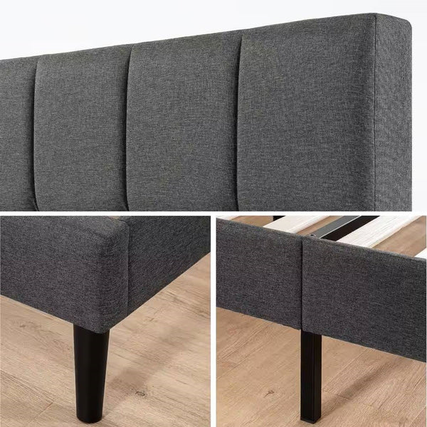 King size Grey Upholstered Platform Bed Frame with Padded Headboard