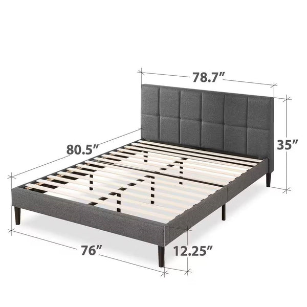 King size Grey Upholstered Platform Bed Frame with Padded Headboard
